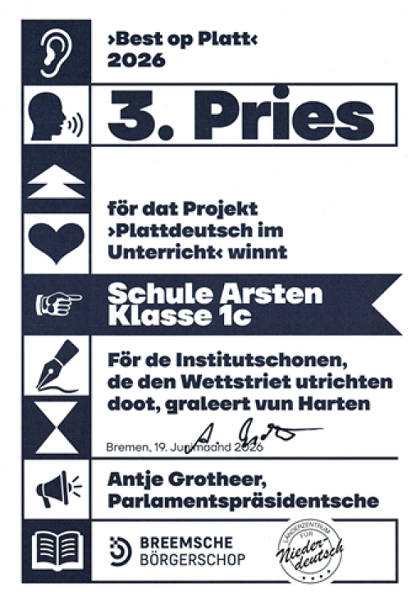 Berst op Platt 2026, 3. Pries för dat Projekt Plattdeutsch im Unterricht winnt Schule Arsten, Klasse 1c