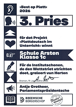 Berst op Platt 2026, 3. Pries för dat Projekt Plattdeutsch im Unterricht winnt Schule Arsten, Klasse 1c